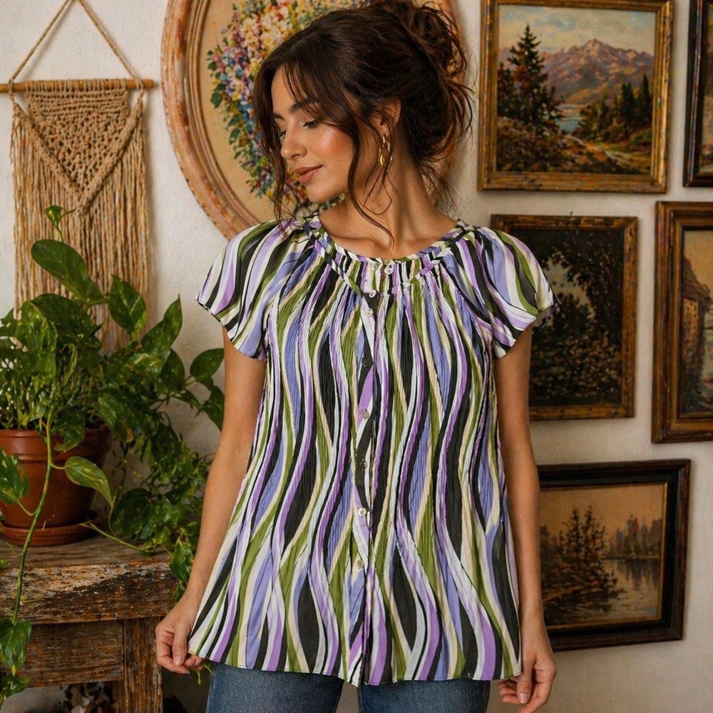 L 70s Abstract Style Retro Short Sleeve Top, Size Large